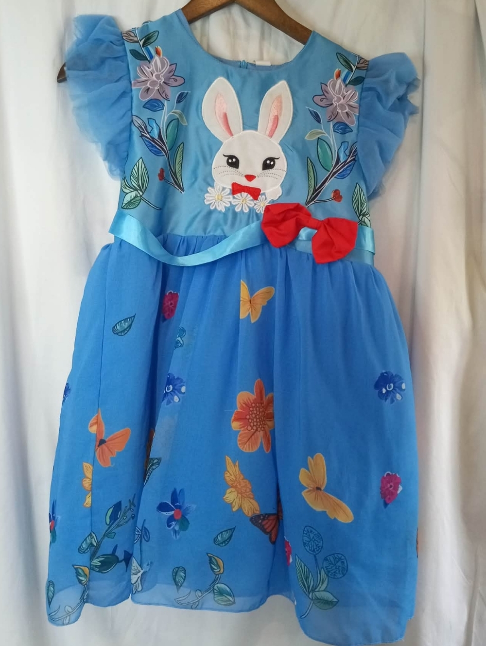 11/12y Blue Bunny Garden Dress Up Red Bow Fairytale Princess Butterfly Ruffles